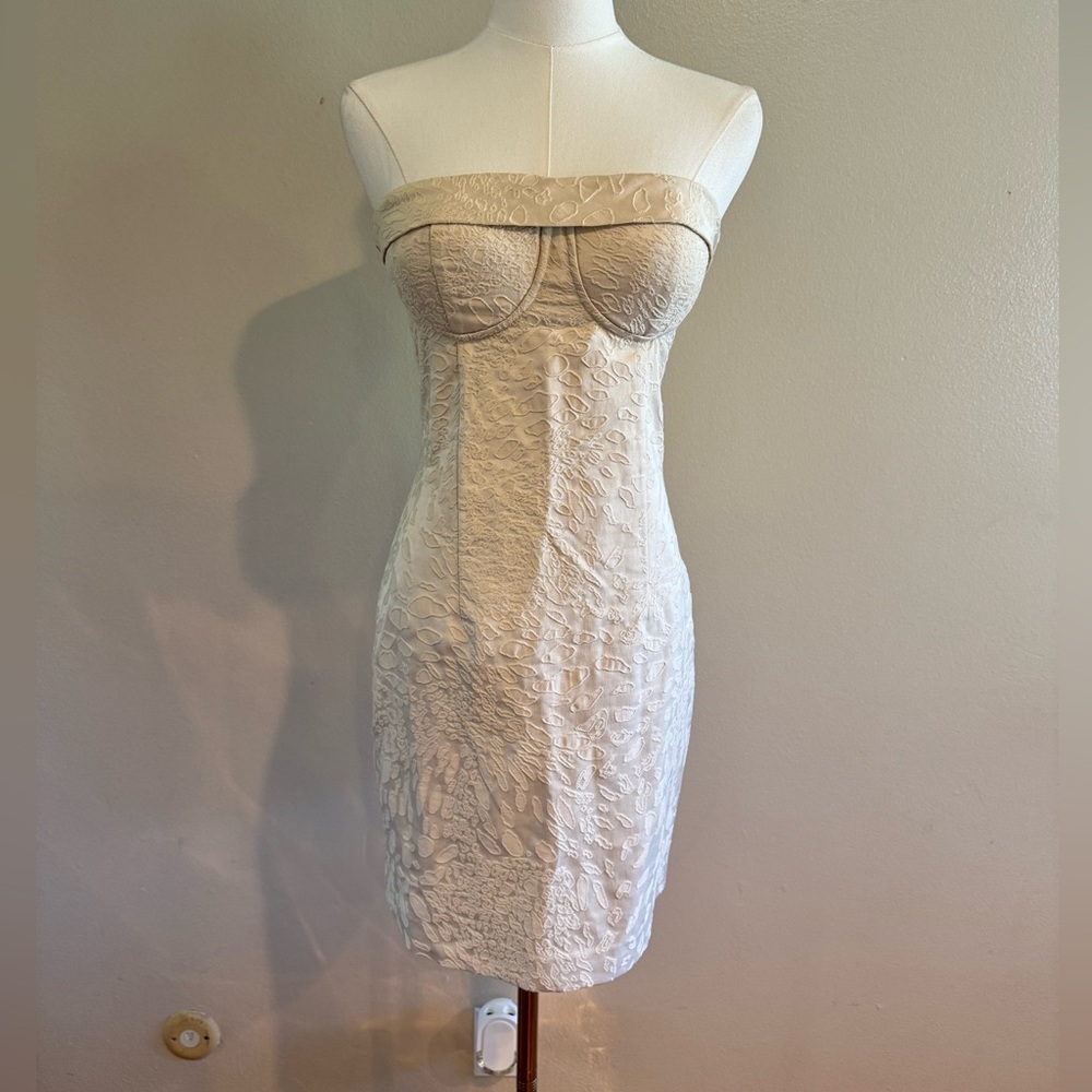 bebe Strapless Cream Textured Strapless Mini Dress